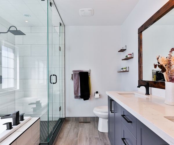 Bright, clean commercial-style bathroom with polished fixtures